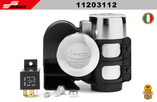 [11203112] BOCINA CROMADA CON COMPRESOR TORNADO MARCO TR2 12V (18 SETS)