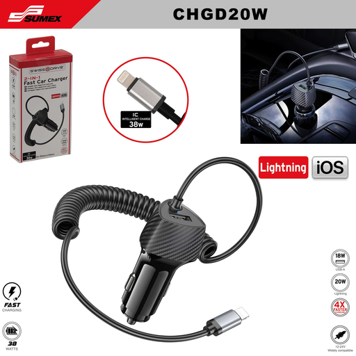 [CHGD20W] CARGADOR ULTRA RAPIDO 2 EN 1 SWISS DRIVE CON CABLE IPHONE + USB 38W  (12V/24V) (48 UNDS)