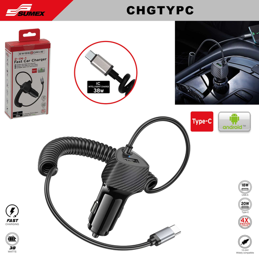 [CHGTYPC] CARGADOR ULTRA RAPIDO 2 EN 1 SWISS DRIVE CON CABLE TIPO C + USB 38W  (12V/24V) (48 UNDS)