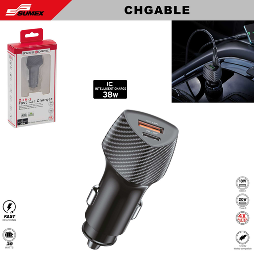 [CHGABLE] CARGADOR ULTRA RAPIDO SIN CABLE SWISS DRIVE TIPO C + USB  (12V/24V) (48 UNDS)