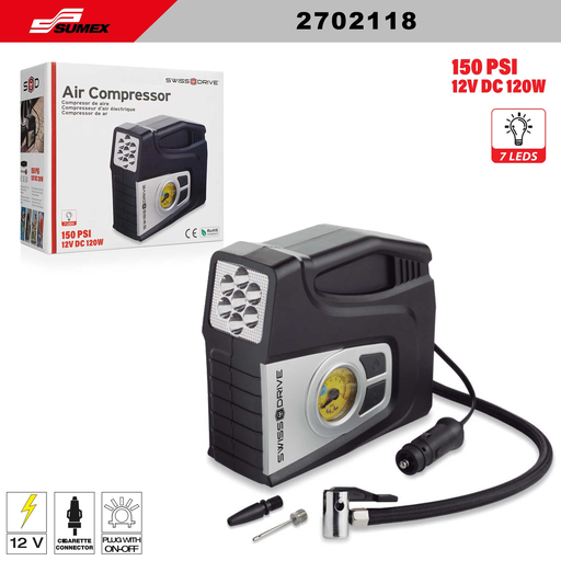 [2702118] COMPRESOR DE AIRE SWISS DRIVE CON LUZ LED 12V (120W) - 150 PSI (20UNDS)