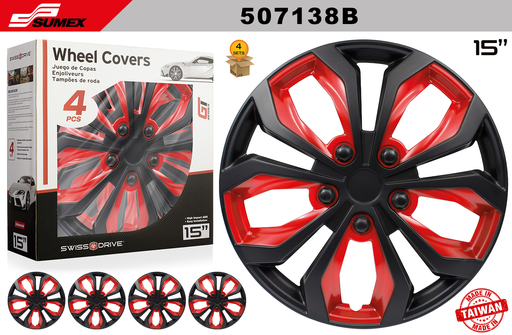 [507138B] WHEEL COVER SWISS DRIVE 15" SPA BLACK/RED (4 SETS)