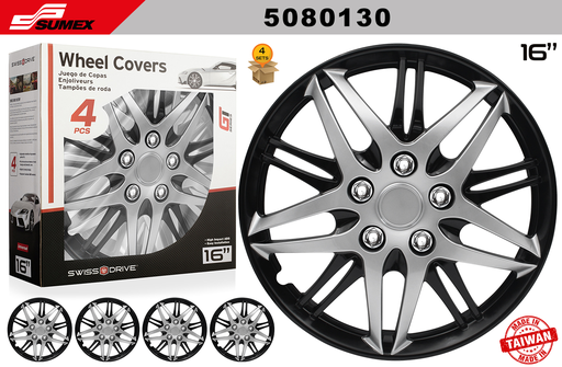 [5080130] WHEEL COVER SWISS DRIVE 16" BARU SILVER/BLACK (4 SETS)