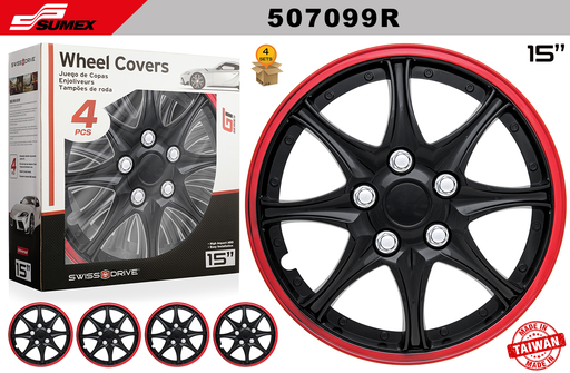 [507099R] WHEEL COVER SWISS DRIVE 15" DAYTONA BLACK/RED (4 SETS)