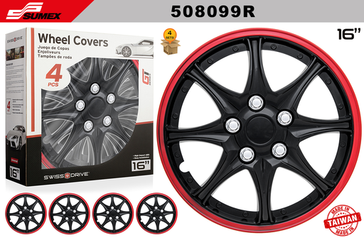 [508099R] WHEEL COVER SWISS DRIVE 16" DAYTONA BLACK/RED (4 SETS)