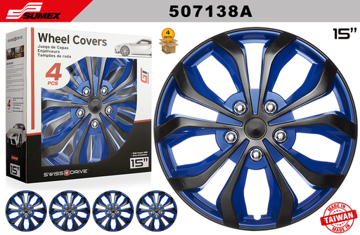 [507138A] WHEEL COVER SWISS DRIVE 15" SPA BLUE/BLACK (4 SETS)