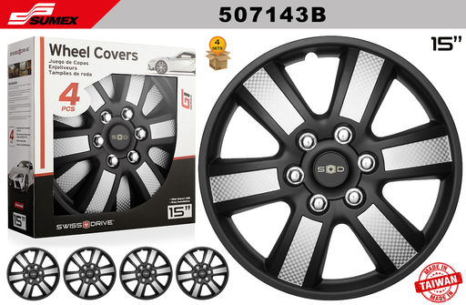 [507143B] WHEEL COVER SWISS DRIVE 15" SEPANG BLACK/SILVER (4 SETS)