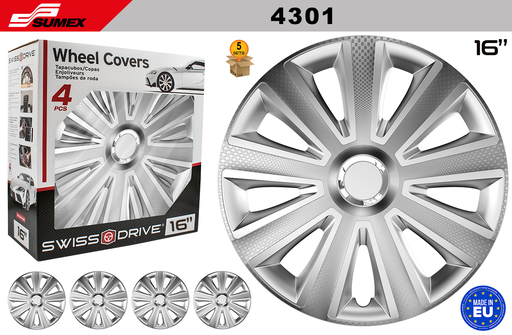 [4301] WHEEL COVER SWISS DRIVE 16" AVIATOR CARBON RING CHROME/SILVER (5 SETS)
