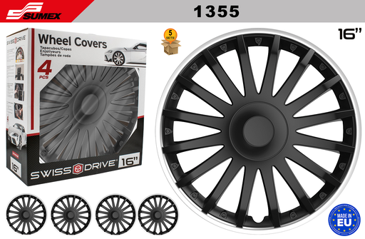 [1355] WHEEL COVER SWISS DRIVE 16" CRISTAL SILVER/OUTER BLACK (5 SETS)