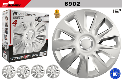 [6902] WHEEL COVER SWISS DRIVE 15" RING STRATOS CHROME/SILVER (5 SETS)