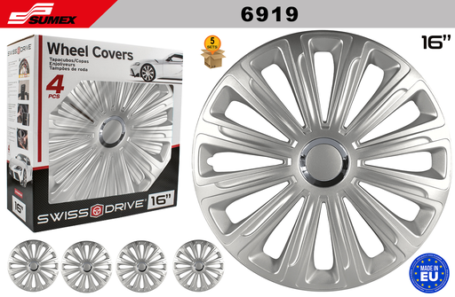 [6919] WHEEL COVER SWISS DRIVE 16" TREND RING CHROME/SILVER (5 SETS)