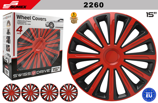 [2260] WHEEL COVER SWISS DRIVE 15" TREND RED/BLACK (5 SETS)