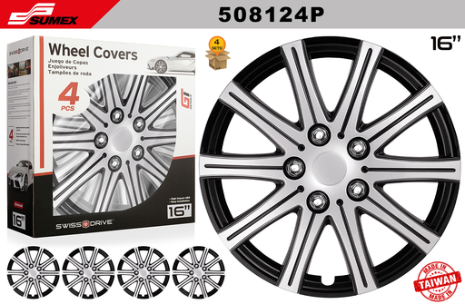 [508124P] WHEEL COVER SWISS DRIVE 16" FUJI SILVER/BLACK (4 SETS)