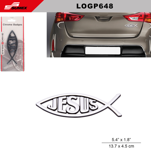 [LOGP648] EMBLEMA CROMADO SWISS DRIVE " JESUS FISH" 13 CM (1 UNDS) (250 UNDS)
