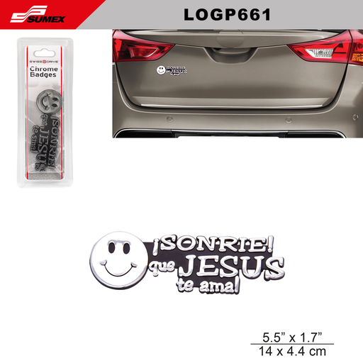 [LOGP661] EMBLEMA CROMADO SWISS DRIVE "SONRIE QUE JESUS TE AMA" (1 UND) (250 UNDS)