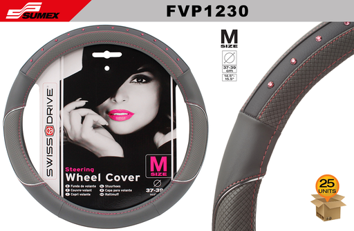 [FVP1230] STEERING WHEEL COVER SWISS DRIVE "M" PINK BLING /PINK STITCHES/GREY (37 X 39 CM) (25 UNITS)