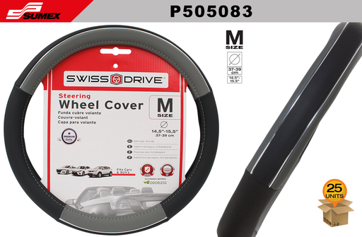 [P505083] STEERING WHEEL COVER SWISS DRIVE "M" CHROME LINE GREY/BLACK (37 X 39 CM) (25 UNITS)