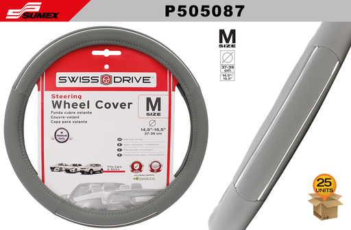 [P505087] STEERING WHEEL COVER SWISS DRIVE "M" CHROME LINE GREY (37 X 39 CM) (25 UNITS)