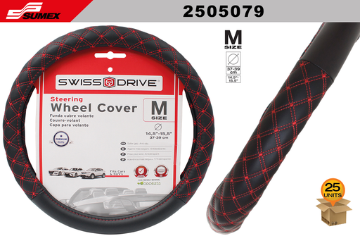 [2505079] STEERING WHEEL COVER SWISS DRIVE "M" EMPIRE BLACK/RED STITCHES (37 X 39 CM) (25 UNITS)