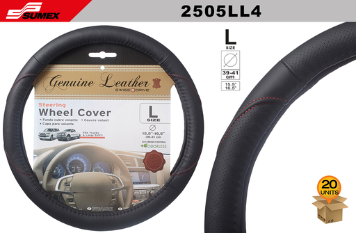 [2505LL4] FORRO DE TIMON SWISS DRIVE "L" GENUINE LEATHER NEGRO/COSTURA ROJA (39 x 41CM) (20 UNDS)