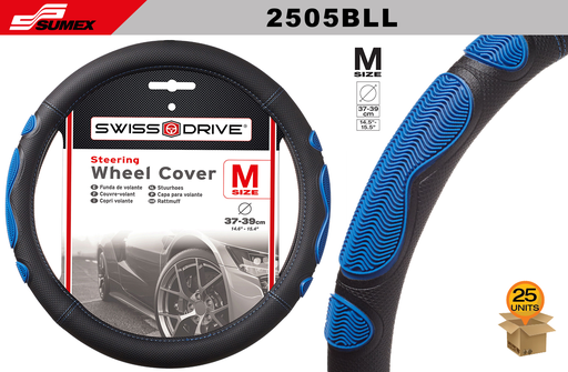 [2505BLL] STEERING WHEEL COVER SWISS DRIVE "M" SOFT GRIP BLACK/BLUE (37 X 39 CM) (25 UNITS)