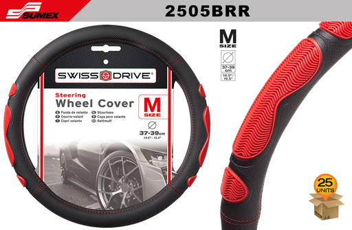 [2505BRR] STEERING WHEEL COVER SWISS DRIVE "M" SOFT GRIP BLACK/RED (37 X 39 CM) (25 UNITS)