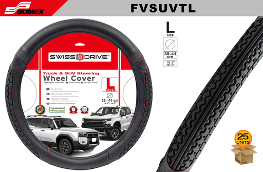 [FVSUVTL] STEERING COVER SWISS DRIVE "L" SUV TIRE TREAD BLACK/RED STITCHES (39 X 41 CM) (25 UNITS)