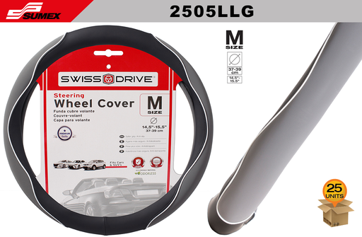 [2505LLG] STEERING WHEEL COVER SWISS DRIVE "M" WHITE LINE BLACK/GREY (37 X 39 CM) (25 UNITS)
