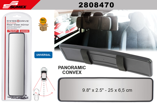 [2808470] ESPEJO PANORAMICO CONVEXO RETROVISOR CON CORREAS ELASTICAS SWISS DRIVE NEGRO (250 x 65MM) (60 UNDS)