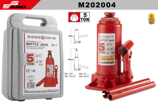[M202004] HYDRAULIC BOTTLE JACK 5 TONS, BLOW MOULDED CASE SWISS DRIVE (4 SETS)