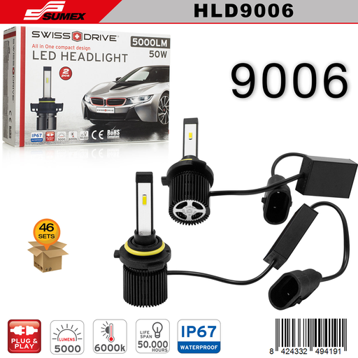 [HLD9006] LUZ LED SWISS DRIVE 6000K 9006 (5000LM) (2 UNDS) (46 SETS)