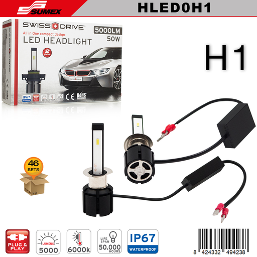 [HLED0H1] LUZ LED SWISS DRIVE 6000K H1 (5000LM) (2 UNDS) (46 SETS)