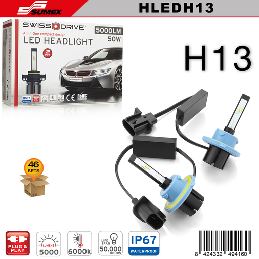 [HLEDH13] LED HEADLIGHT SWISS DRIVE 6000K H13 HIGH/LOW (5000LM) (2 PCS) (46 SETS)