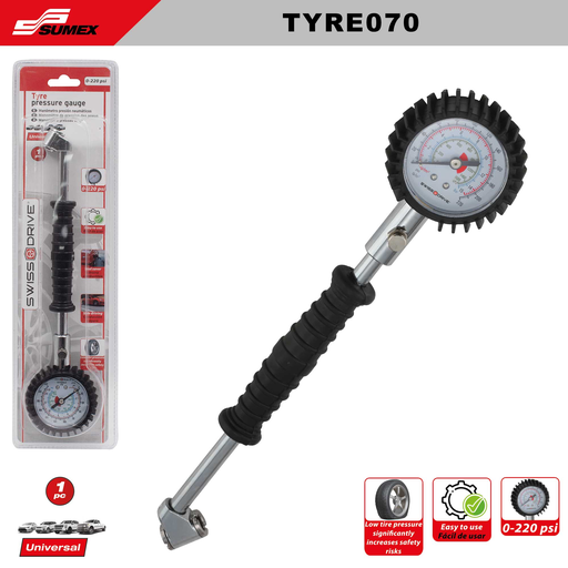 [TYRE070] MANOMETRO ANALOGICO PARA NEUMATICOS 220 PSI SWISS DRIVE (50 UNDS)