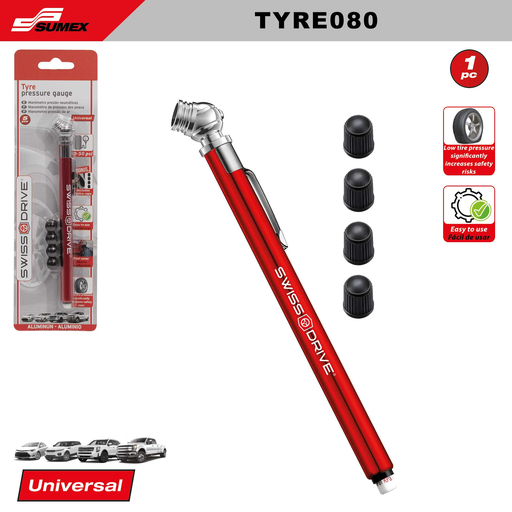 [TYRE080] MANOMETRO TIPO LAPIZ + 4 TAPAS DE VALVULA 50 PSI SWISS DRIVE 500PCS (4SETS=125UNDS)
