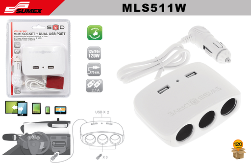 [MLS511W] MULTI SOCKET + 2 USB SWISS DRIVE WHITE (120 UNITS)( 2 SETS = 60 UNITS)