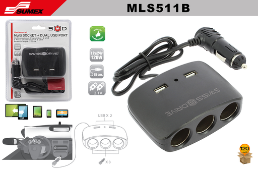 [MLS511B] MULTICONEXION DE TRES SALIDA + 2 USB SWISS DRIVE NEGRO (120 UNDS)(2 SETS= 60 UNDS)