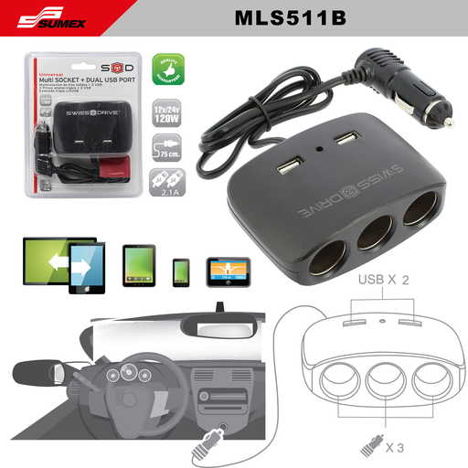 [MLS511B] MULTICONEXION DE TRES SALIDA + 2 USB SWISS DRIVE NEGRO (120 UNDS)(2 SETS= 60 UNDS)