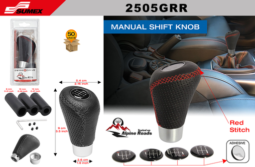 [2505GRR] BLACK LEATHERETTE GEAR KNOB WITH RED STITCHES SWISS DRIVE (5 SETS =10 UNITS)(50 UNITS)