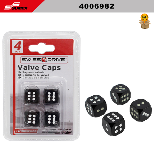 [4006982] TAPA VALVULAS SWISS DRIVE DADOS NEGROS 100PCS (4SETS=25UNDS)