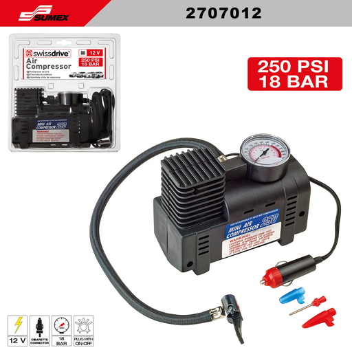 [2707012] COMPRESOR DE AIRE MINI SWISS DRIVE 12V - 250 PSI (18 BAR) (12 UNDS)