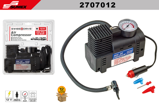 [2707012] COMPRESOR DE AIRE MINI SWISS DRIVE 12V - 250 PSI (18 BAR) (12 UNDS)