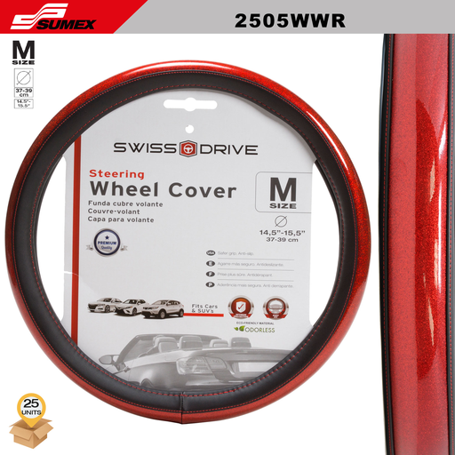 [2505WWR] STEERING WHEEL COVER SWISS DRIVE "M" SPARKLING RED (37 X 39 CM) (25 UNITS) 