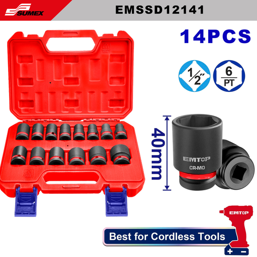 [EMSSD12141] 14 PCS 1/2" DR. IMPACT SOCKET SET 40 MM EMTOP (8 UNITS)