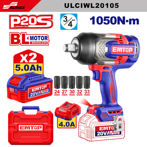 [ULCIWL20105] CORDLESS IMPACT WRENCH EMTOP 1050 NM 5.0 Ah / 4.0 Ah (4 UNITS)