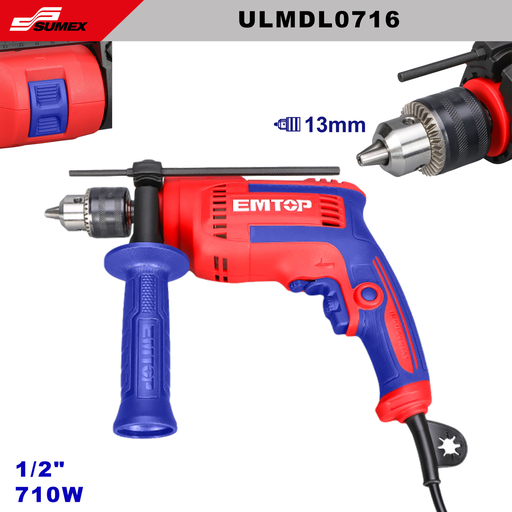 [ULMDL0716] TALADRO DE IMPACTO EMTOP PERCUTOR 1/2" 710W VELOCIDAD VARIABLE (CJ/10UNDS)