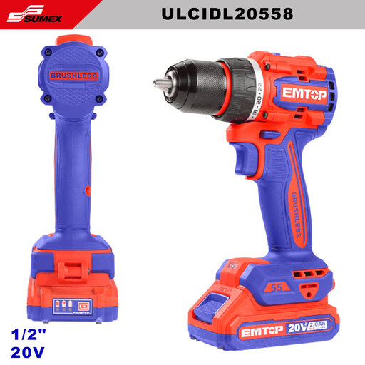 [ULCIDL20558] TALADRO DE IMPACTO INALAMBRICO EMTOP 1/2" 20V COMPACTO SIN ESCOBILLAS 55 N.M (CJ/5UNDS)