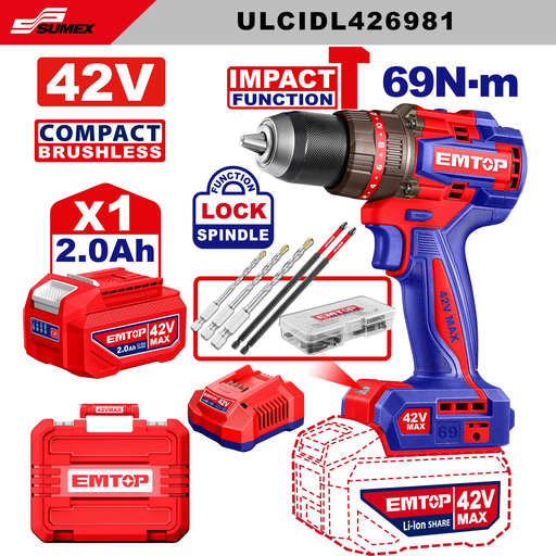 [ULCIDL426981] COMPACT BRUSHLESS CORDLESS IMPACT DRILL 42V 69 NM EMTOP (5 UNITS)