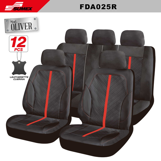 [FDA025R] SEAT COVER SWISS DRIVE "OLIVER" 12PCS BLACK - RED (CS/6SETS)
