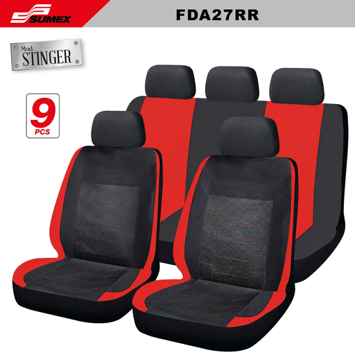 [FDA27RR] FORRO DE ASIENTO SWISS DRIVE "STINGER" 9PCS NEGRO - ROJO / COSTURA ROJA (CJ/6SETS)